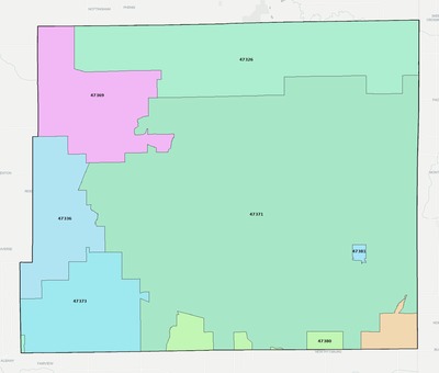 Jay County IN ZIP code boundaries map