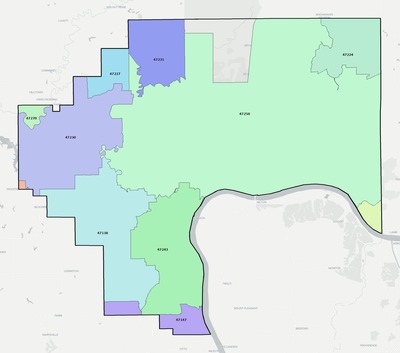 Jefferson County IN ZIP code boundaries map