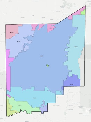 Jennings County IN ZIP code boundaries map