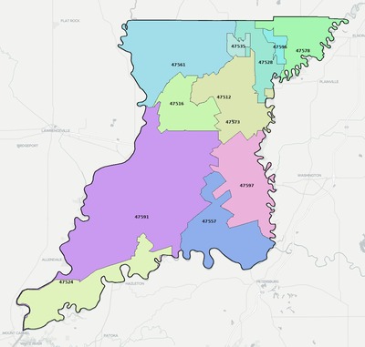 Knox County IN ZIP code boundaries map