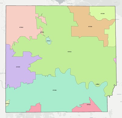 Lawrence County IN ZIP code boundaries map