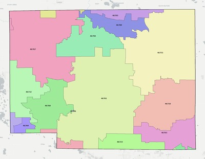 Noble County IN ZIP code boundaries map