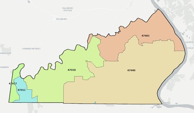 Ohio County IN ZIP code boundaries map