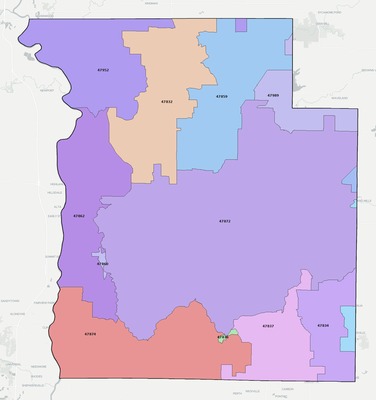 Parke County IN ZIP code boundaries map