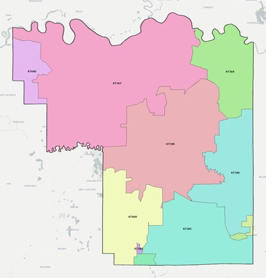 Pike County IN ZIP code boundaries map