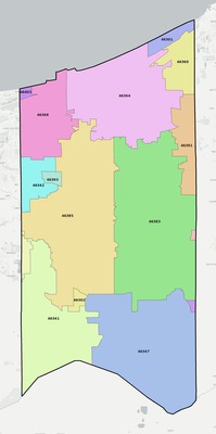 Porter County IN ZIP code boundaries map