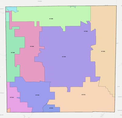 Randolph County IN ZIP code boundaries map
