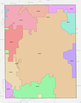 Rush County IN ZIP code boundaries map