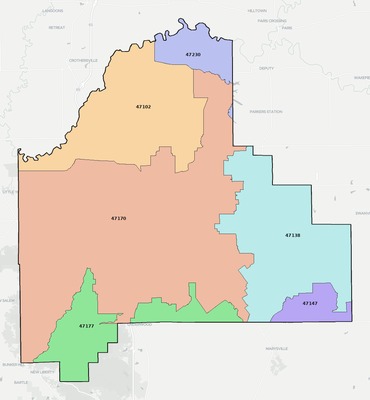 Scott County IN ZIP code boundaries map