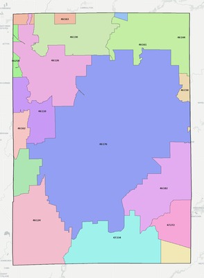 Shelby County IN ZIP code boundaries map
