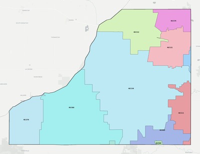 Starke County IN ZIP code boundaries map