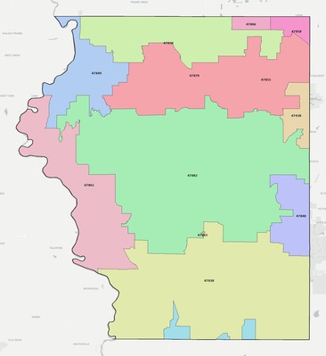 Sullivan County IN ZIP code boundaries map