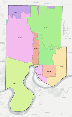 Vanderburgh County IN ZIP code boundaries map