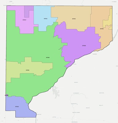 Warren County IN ZIP code boundaries map