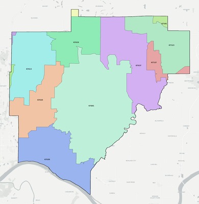 Warrick County IN ZIP code boundaries map