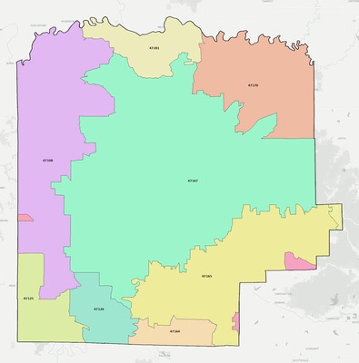 Washington County IN ZIP code boundaries map
