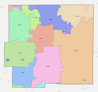 Wayne County IN ZIP code boundaries map