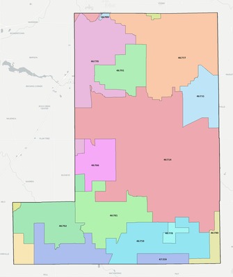 Wells County IN ZIP code boundaries map