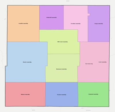 Bourbon County KS townships and subdivisions map