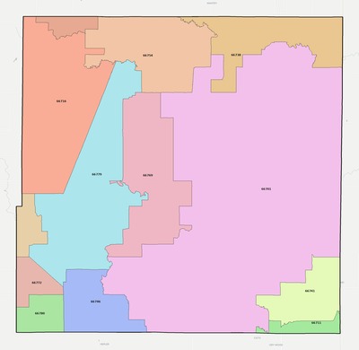 Bourbon County KS ZIP code boundaries map