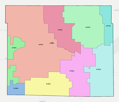 Ford County KS ZIP code boundaries map