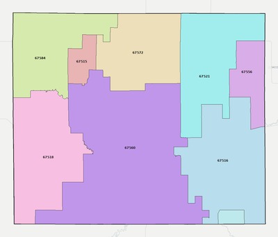 Ness County KS ZIP code boundaries map