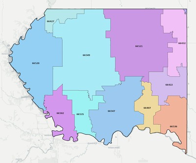 Pottawatomie County KS ZIP code boundaries map