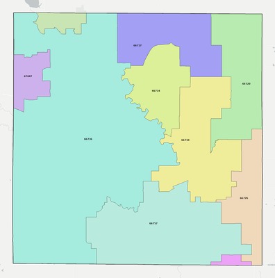 Wilson County KS ZIP code boundaries map