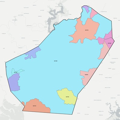 Adair County KY ZIP code boundaries map