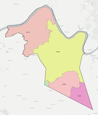 Hancock County KY ZIP code boundaries map