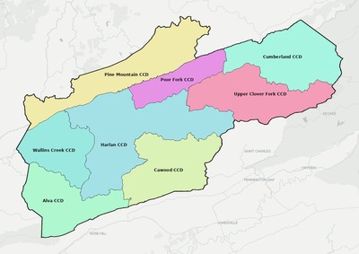 Harlan County KY townships and subdivisions map