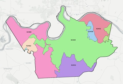 Henderson County KY ZIP code boundaries map