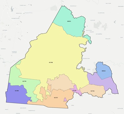 Larue County KY ZIP code boundaries map