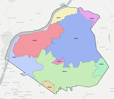 Oldham County KY ZIP code boundaries map