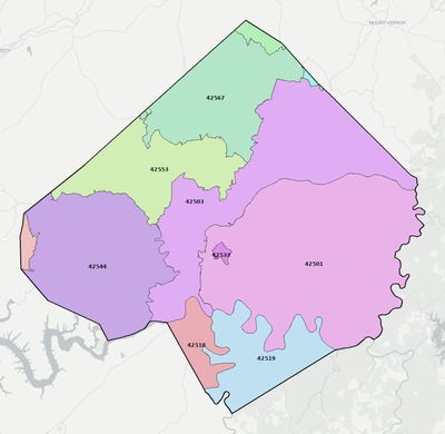Pulaski County KY ZIP code boundaries map
