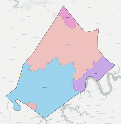 Russell County KY ZIP code boundaries map