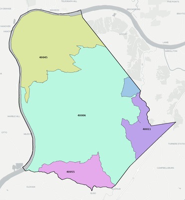 Trimble County KY ZIP code boundaries map