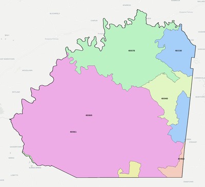 Washington County KY ZIP code boundaries map