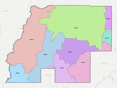 Beauregard County LA ZIP code boundaries map