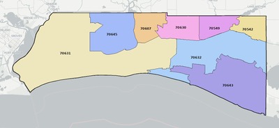 Cameron County LA ZIP code boundaries map