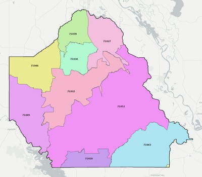 De Soto County LA ZIP code boundaries map