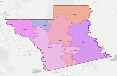 Grant County LA ZIP code boundaries map