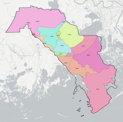 Lafourche County LA ZIP code boundaries map