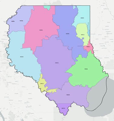 Livingston County LA ZIP code boundaries map