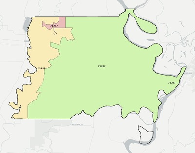 Madison County LA ZIP code boundaries map