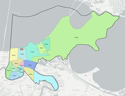Orleans County LA ZIP code boundaries map