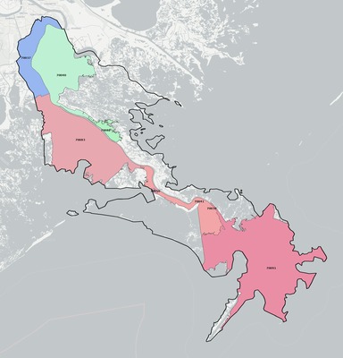 Plaquemines County LA ZIP code boundaries map