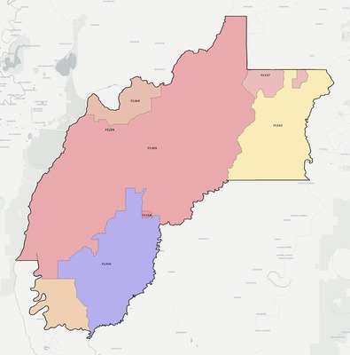 Richland County LA ZIP code boundaries map