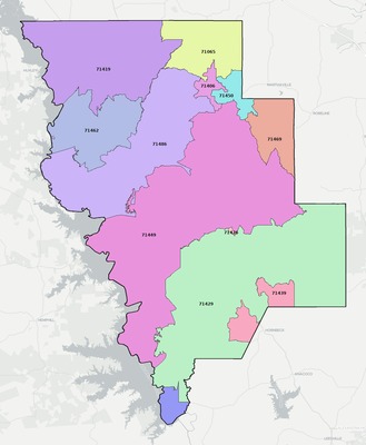 Sabine County LA ZIP code boundaries map