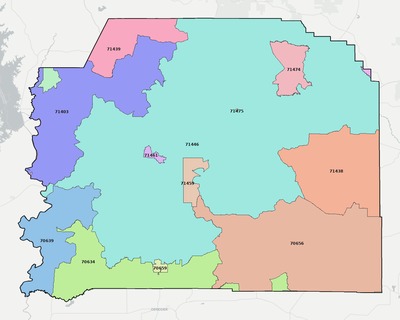 Vernon County LA ZIP code boundaries map